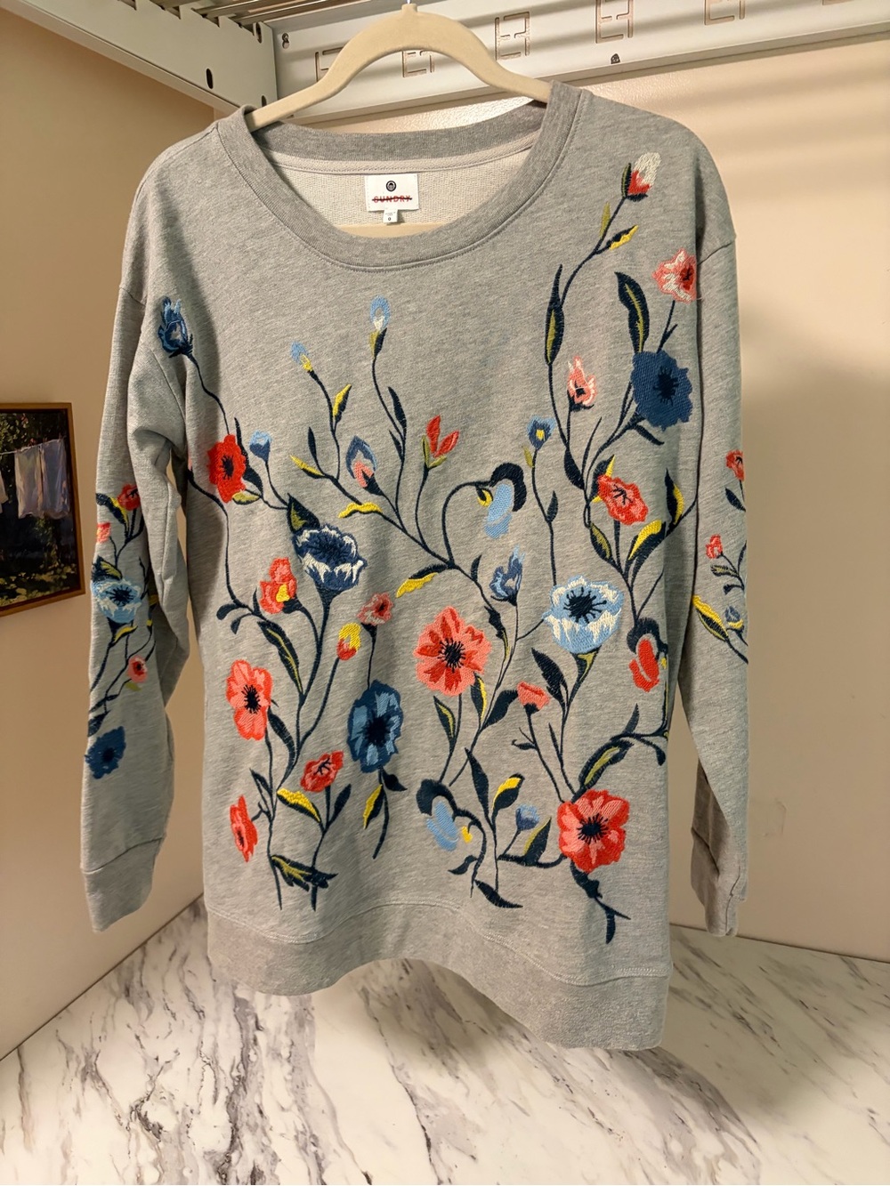 Sundry Light Gray Crewneck Sweatshirt with Multicolor Floral Embroidery
